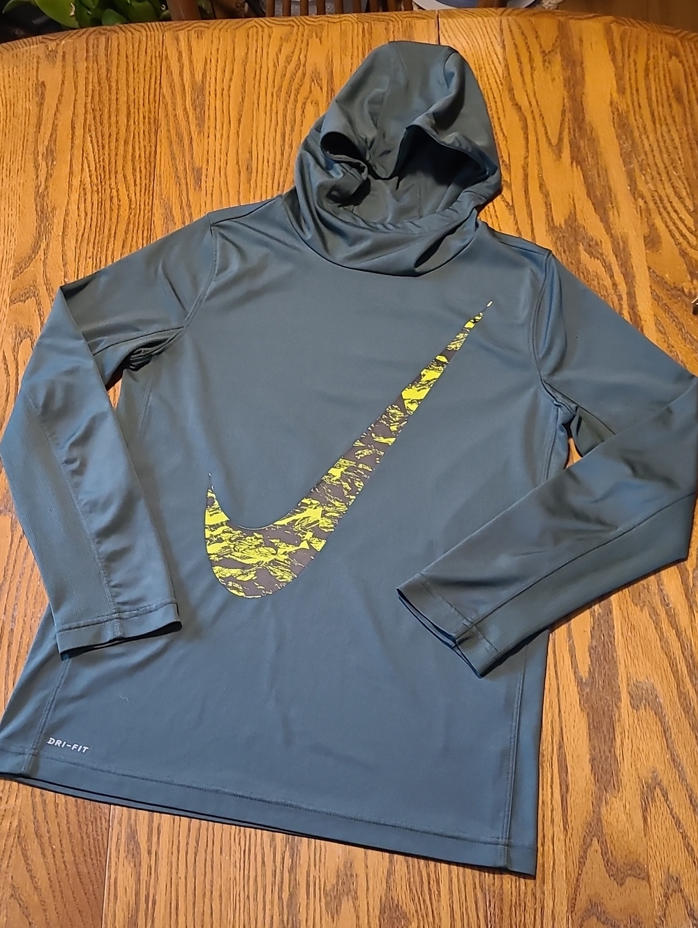 Nike Olive Green Hooded Shirt with Yellow Camo Swoosh - Boy's Large